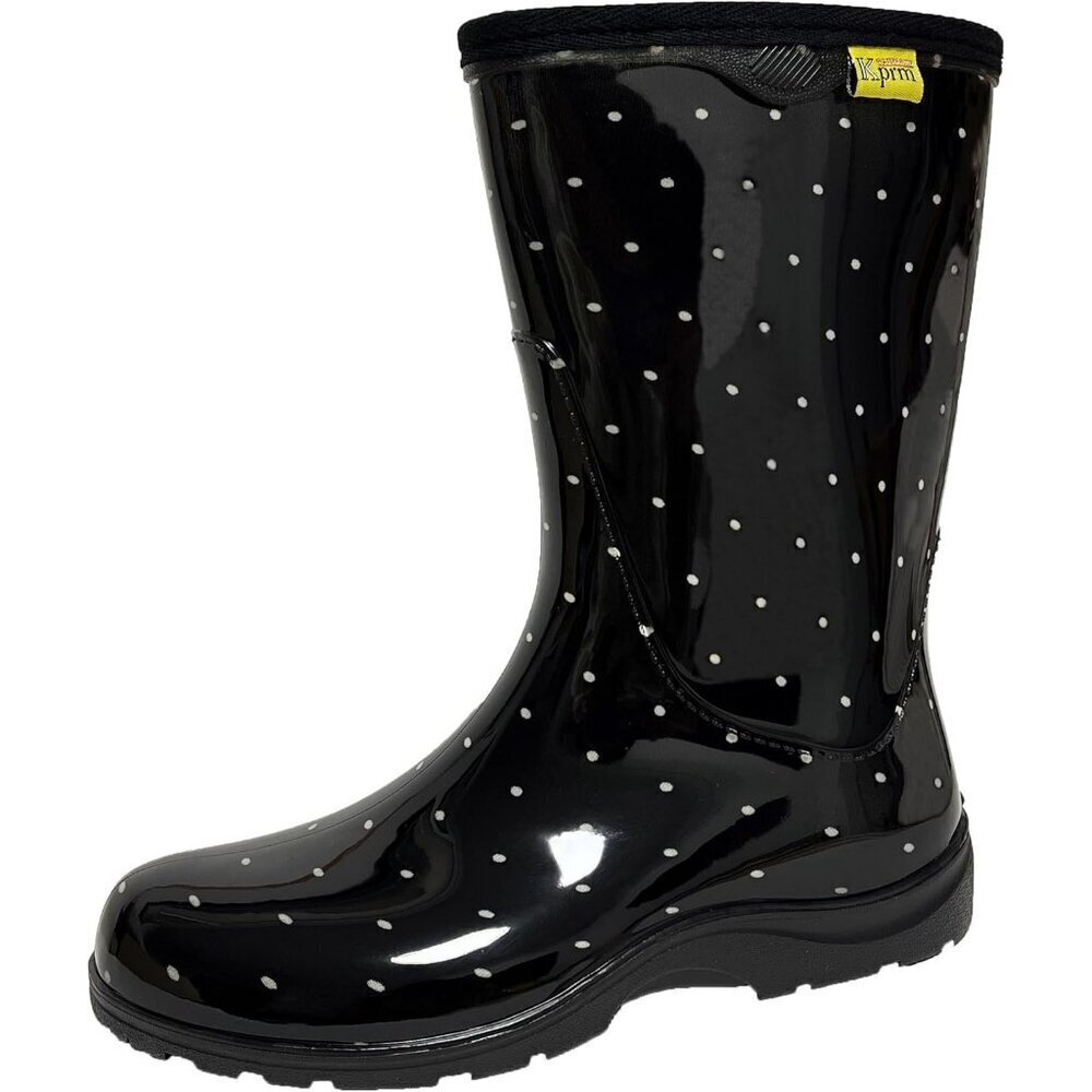 Women's Black Polka Dot Print Waterproof Mid Calf Rubber Comfort Insole Boot